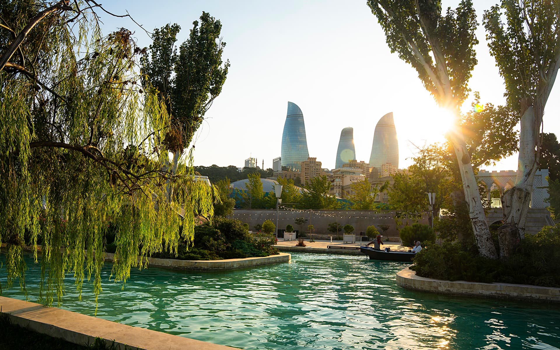 Pool area with cityscape architectural view