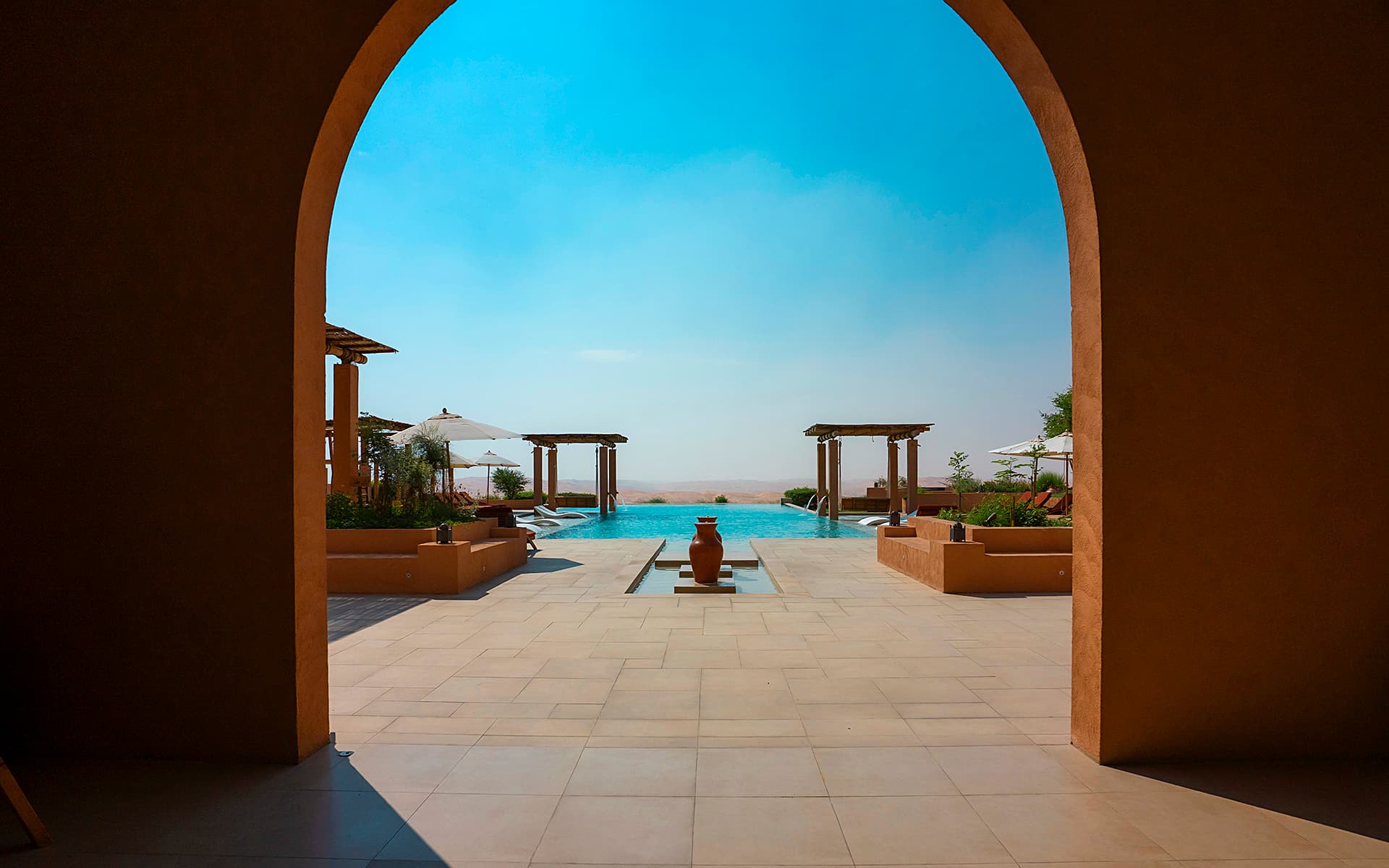 Arched poolside view